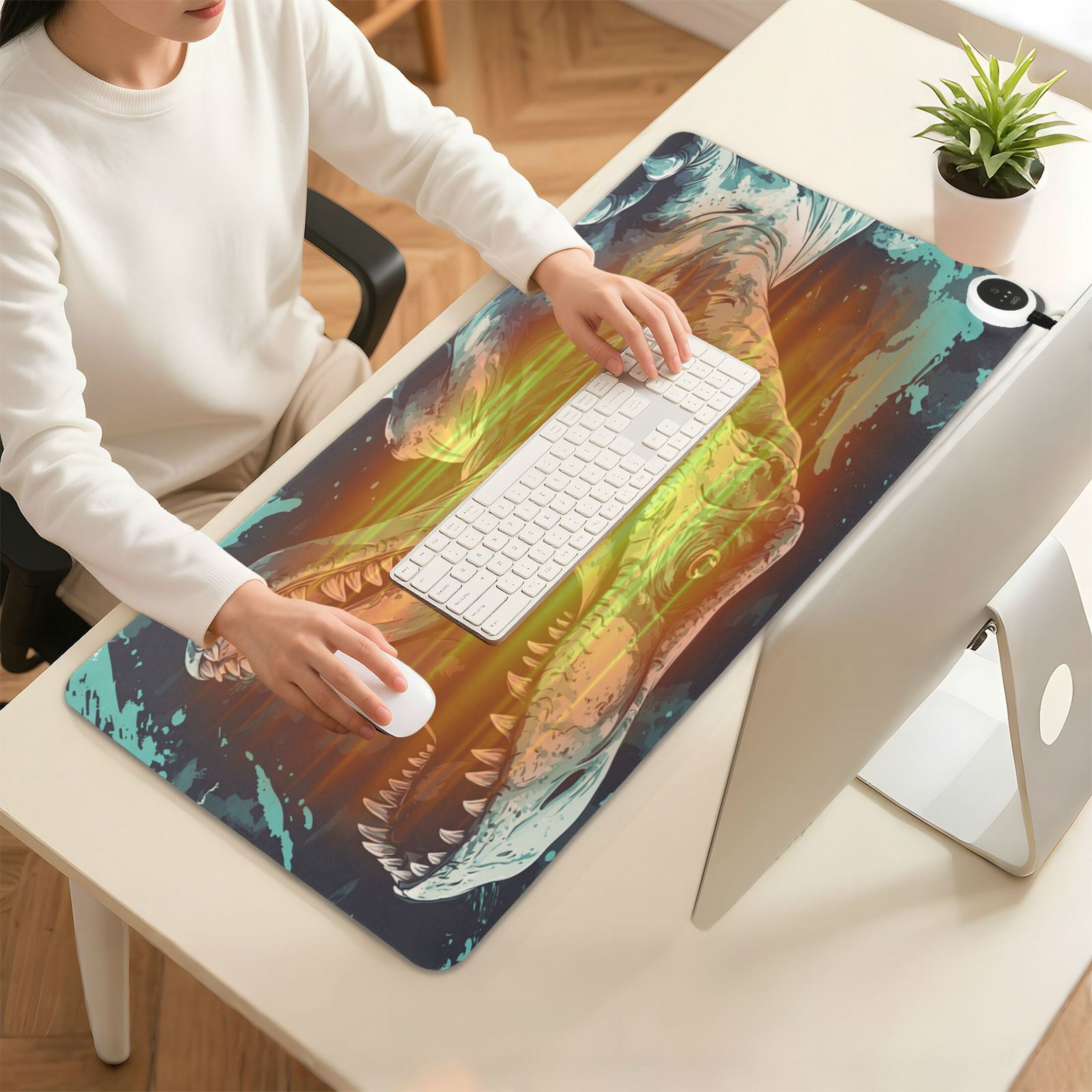 Wobogo Tyrannosaurus Rex Heated Mouse Pad Extra-Large Desk Mat With 3 Heating Levels and 3-hour Auto Shut-Off Protection Ideal for Computer Keyboards Home Office Hand-warming Essential 31.5in × 13in