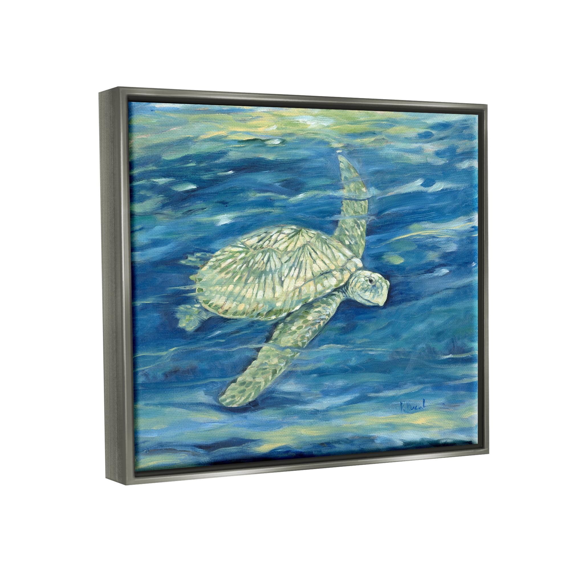 Stupell Industries Turtle Underwater Painting Animals & Insects Painting Gray Floater Framed Art Print Wall Art, 31 x 25