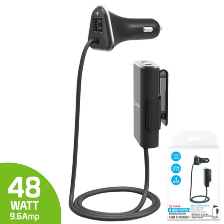Cellet Car charger with 4 USB Ports/2.4amps per port for front and backseat charging of your smartphones, tablets, iPhone, iPads, Galaxy, Android devices- total 48 watts/9.6A -