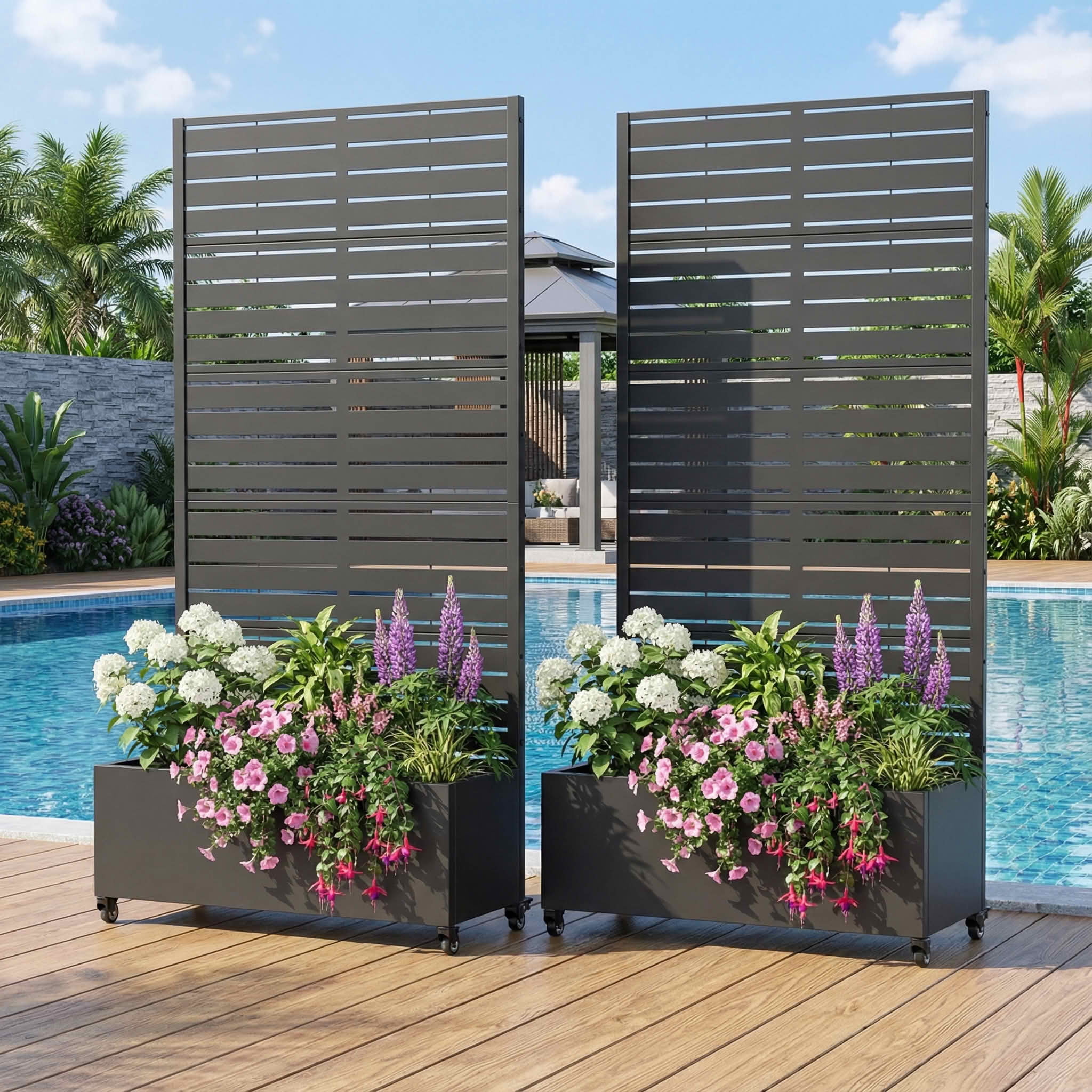 MAYEERTY 72x35 Black Double-sided Rectangular Iron Planter Box with Trellis, 5 Piece Set Decorative Garden Screen for Patio and Balcony