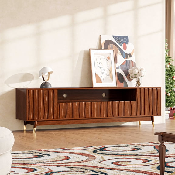 78.7" Brown Walnut Finish TV Stand, Mid Century Modern Entertainment Center with 2 Cabinet and 2 Drawers, Media Console and Modern TV Console Table, For Living Room and Bedroom