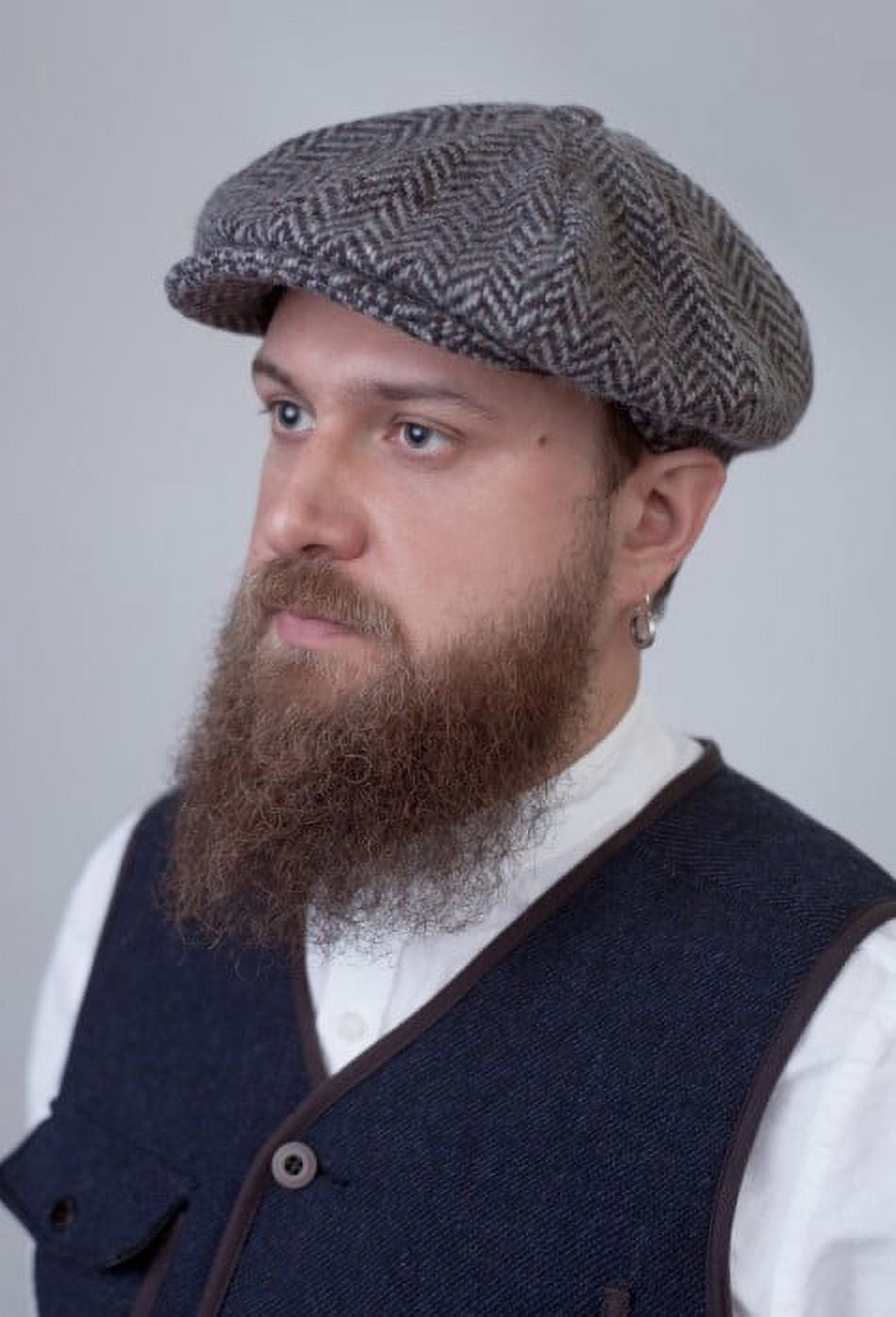 Hanna Hats Irish Newsboy Cap Donegal Tweed 8 Piece 100% Wool Hat for Men Made in Ireland | Granite Gray Herringbone