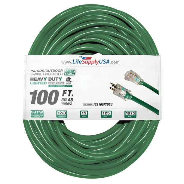 (2Pack) 100 ft Extension cord 12/ 3 SJTW with Lighted end Green