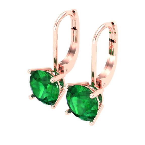 Rose Solid Solid Gold Drop Stud Everyday Dainty Earrings - 4 Ct Brilliant Round Cut Dangle Emerald 14K, Everyday Dainty Earrings Lever Back
