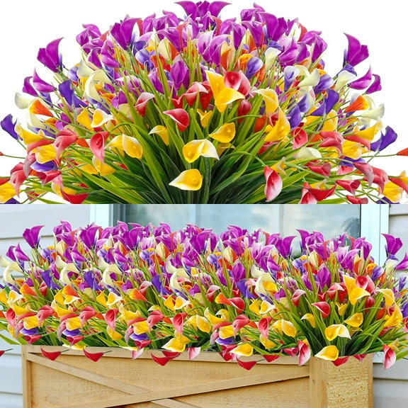 12 Bundles Calla Lily Artificial Flowers Outdoor Decorations, Fake Flowers No Fade UV-Resistant Faux Plastic Flower Indoor Outside Hanging Planter Home Kitchen Garden Porch Decor (Multi)