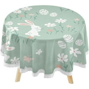 SKYSONIC Cute Easter Bunnies Flowers Round Tablecloth 60inch Indoor Wrinkle Free, Hand Drawn Circular Lace Table Cover Washable for Kitchen Party BBQ Dining Decor