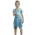 thumbnail image 4 of CAICJ98 Kid Girl Shiny Tie Knot Crop Top and Asymmetrical Skirt Set 2 Pcs Short Sleeve Metallic Disco Crop Top & Pleated Mini Skirt Set Performance Dancewear (Sky Blue,8-9 Years), 4 of 4