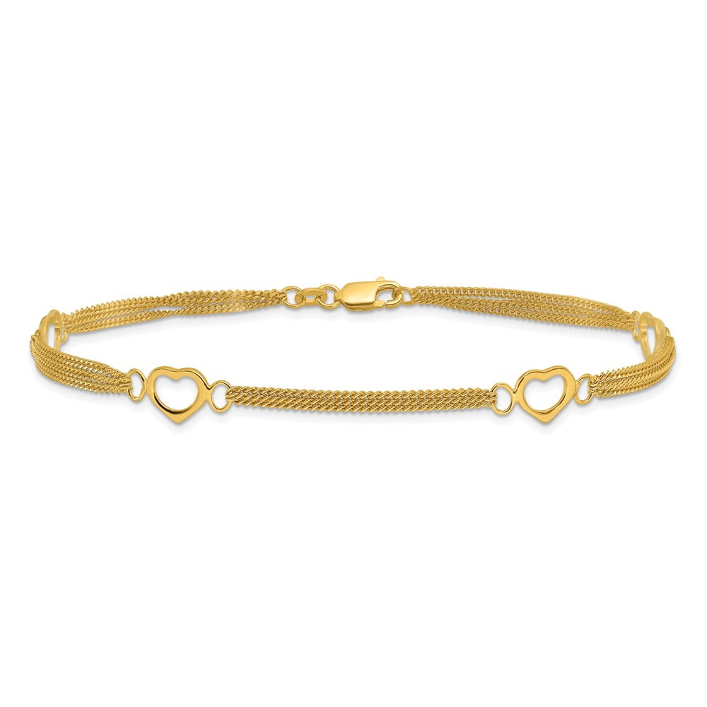 Sterling Silver Gold-tone Polished Heart Multi-Strand 10in Anklet