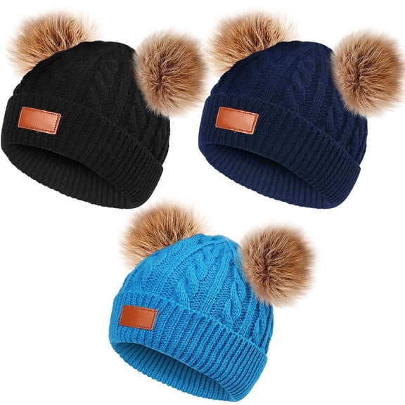 Kids Winter Pompom Hat Knitted Ski Beanie Hat Double Pom Beanie Cap for Girls Boys, for 1-3 Years Old