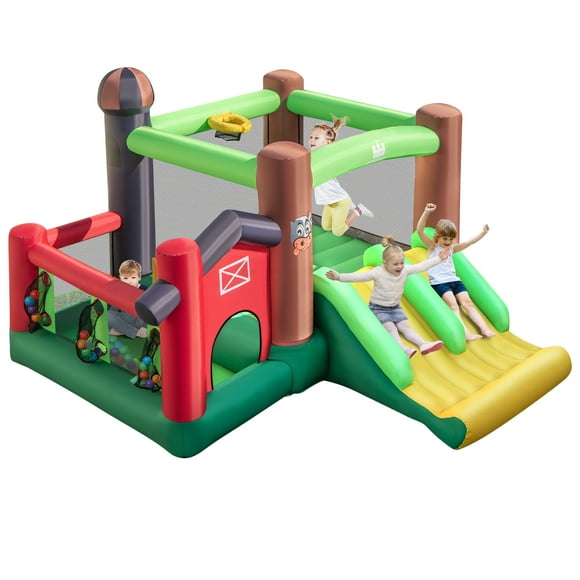 Patiojoy Inflatable Bounce 6-in-1 Bouncer Castle w/ Double Slides Jump Area Ocean Balls Basketball Rim for Kids Aged 3+ Indoor/Outdoor (without Blower)