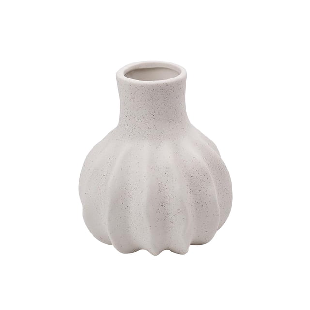 florero de cerámica zulema ramo contenedor mesa s decoración de escritorio del hogar florero decorativo vista frontal centrada de un florero cerámico blanco moteado con cuello estrecho y cuerpo bulboso acanalado, acabado mate y boca circular pequeña; tamaño S aprox. 12 cm x 13 cm. Ideal como centro de mesa y apto para flores secas o artificiales.
