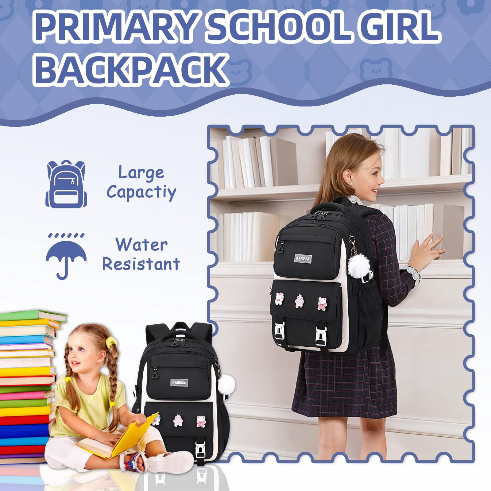 Soda Candy Backpacks with Anti-Theft Back Pocket, Lightweight School Backpack, Water Resistant Bookbag, Black