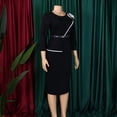 thumbnail image 4 of AURA Plus Size Belted Pencil Midi Dress High Waist Crewneck Long Sleeve Elegant Office Work Dress with Zipper, 4 of 10