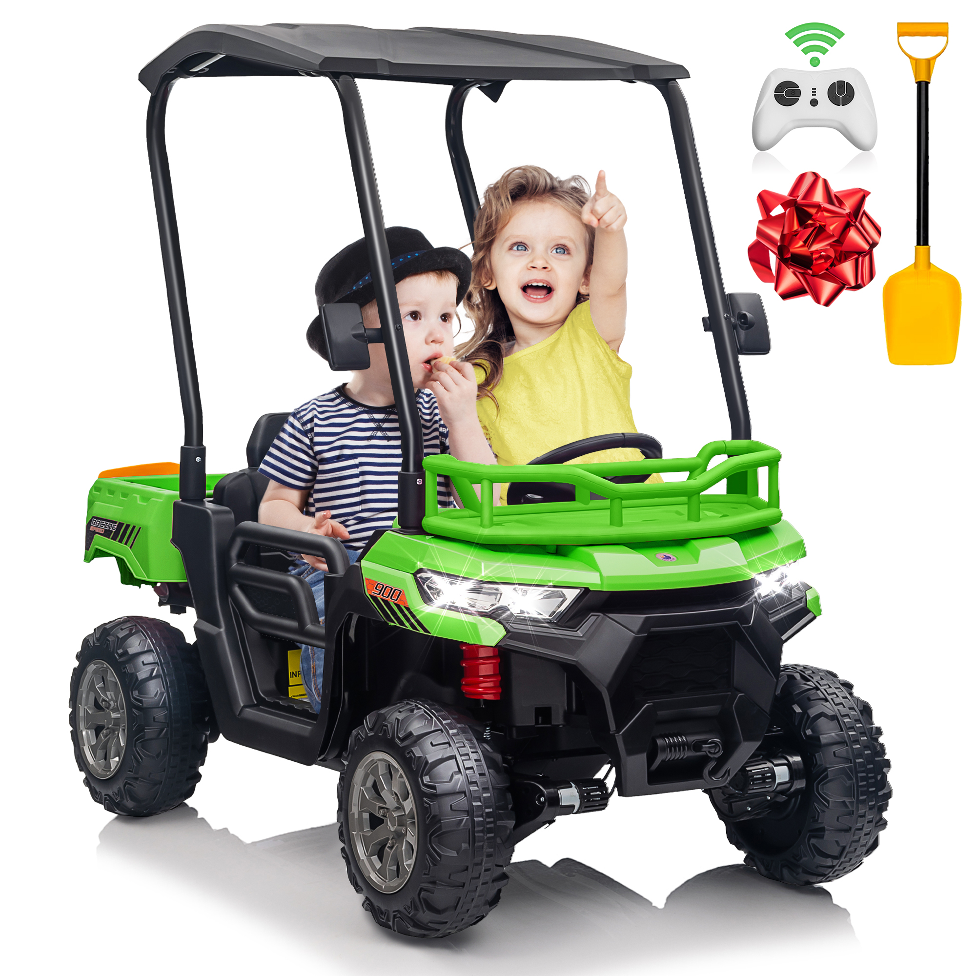 Joyracer 4WD 24 Volt Ride on Toys UTV with 2 Seater & Remote Control, Kids Electric Golf Cart w/ 4x200W Power Motors, Tiltable Trailer & Shovel, 4 Wheels Spring Suspension, Bluetooth USB Music, Green