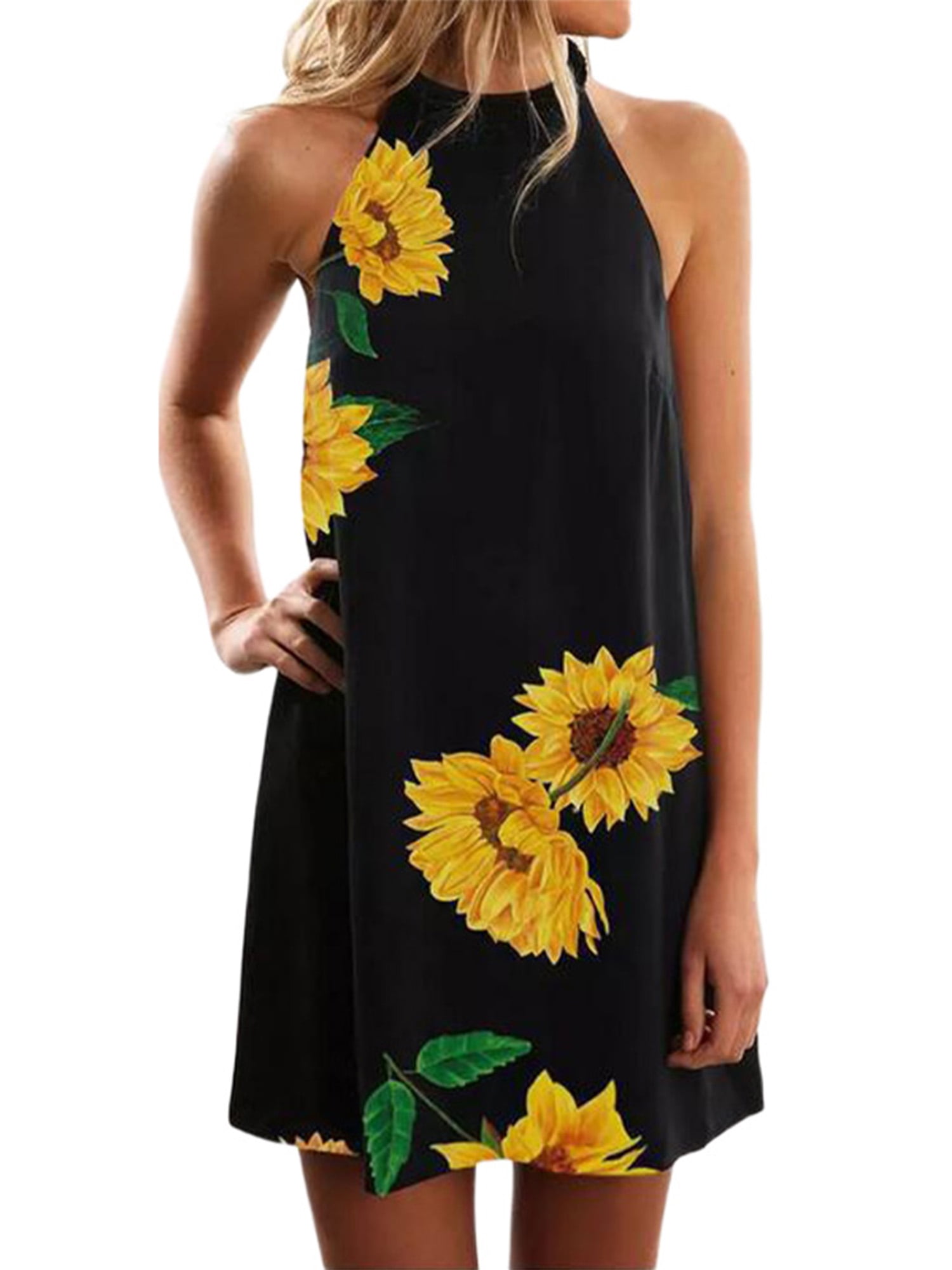 Womens Sunflowers Midi Dress Spaghetti Straps Loose Fitting Floral Printed Sun Dresses Summer Casual Tshirt Dress Flowy Pleated Sleeves Flowers Tank Dress 