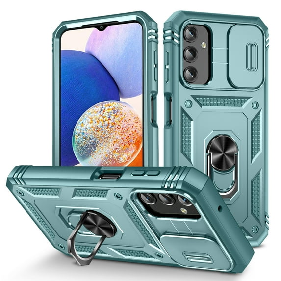 ELEHOLD Rugged Case for Samsung Galaxy A14 5G,Heavy Duty Hybrid Camera Lens Protector 360° Rotation Ring Holder Card Slot Kickstand Function Anti-Slip Shockproof Armor Case,Green