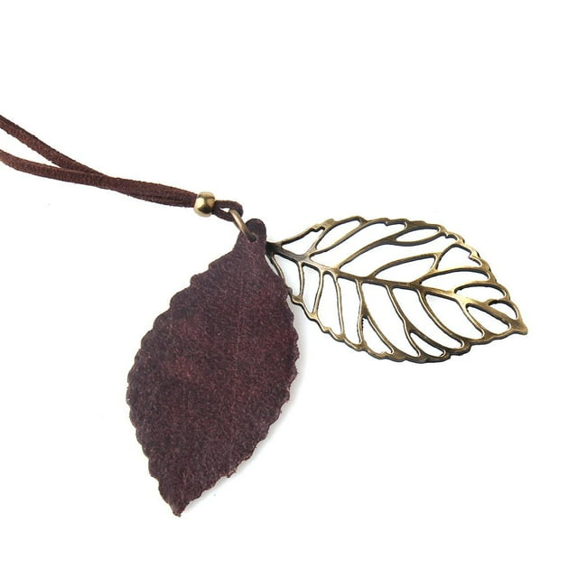 Collar con colgante retro de hojas de árbol dobles, cadena larga de aleación hueca para suéter, 34,6 marrón