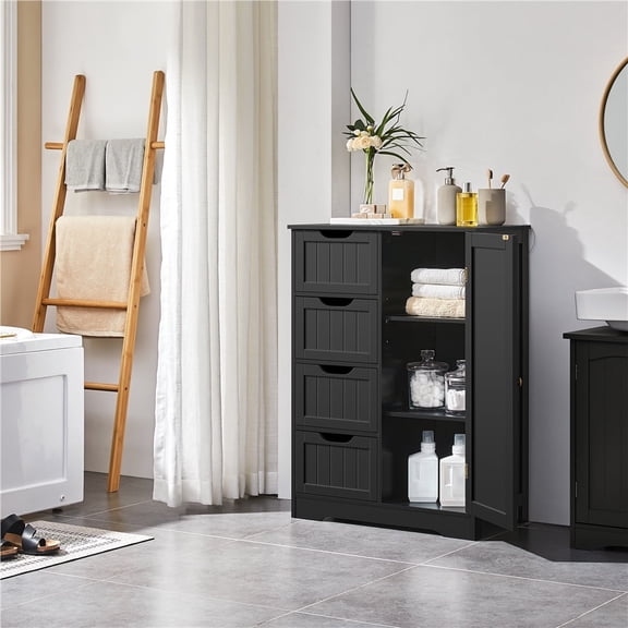 Yaheetech Large Bathroom Free-Standing Floor Cabinet with 4 Drawers and 3 Shelves, Black