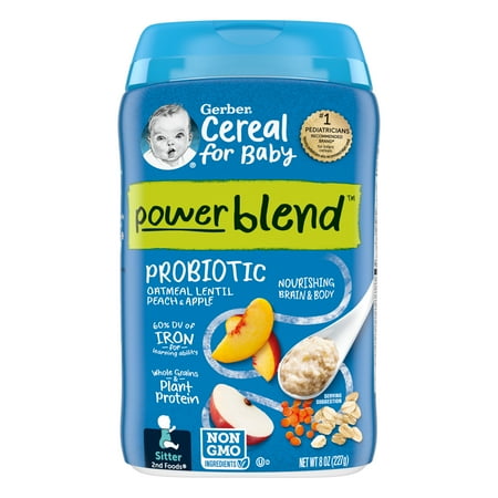 UPC: 0015000070090 | Gerber Cereal for Baby Power Blend 2nd Foods Probiotic Oatmeal Baby Cereal Peach Apple 8 oz Canister