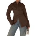 thumbnail image 1 of Blusa Informal de Mujer con Botones Al Frente, Cuello en V, Larga, Diseño Cruzado con Lazo, Ideal para el Trabajo Top Corto Elegante Marrón S, 1 of 7