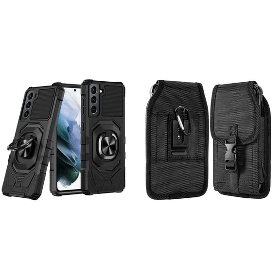 Case with Belt Holster Bundle for Samsung Galaxy S22 Ultra: Heavy Duty Shield Cover (Black) and Vertical Nylon Buckle Phone Pouch