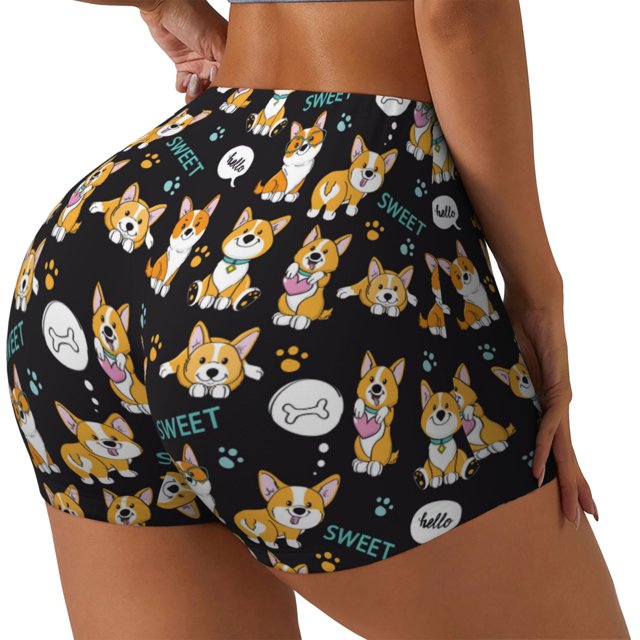 Balery Cute Dogs Corgi Pantalones cortos de entrenamiento estampados para mujer, sin costuras, ajustados, para gimnasio, yoga, correr, deportes, ejercicio activo, fitness.-XX-Large