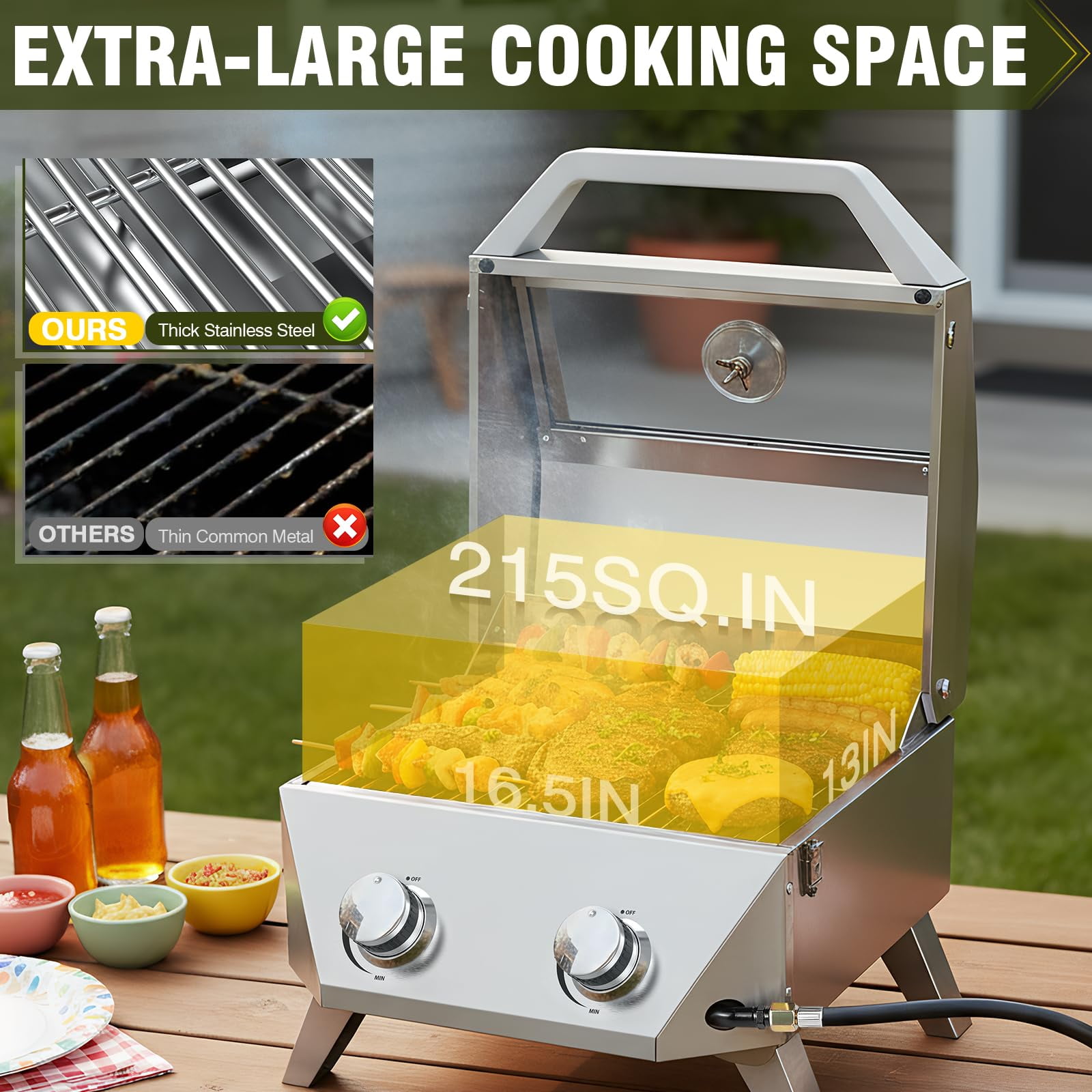 FRIZI 2-Burner Tabletop Gas Grill with Viewing Glass Lid, 20,000 BTU Stainless Steel Portable BBQ Grill with Thermometer and Push-Button Ignition for Camping, RV, Patio, and Tailgating