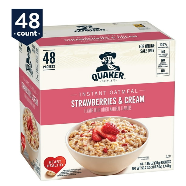 Quaker Instant Oatmeal, Strawberries & Cream, Individual Packets, 48