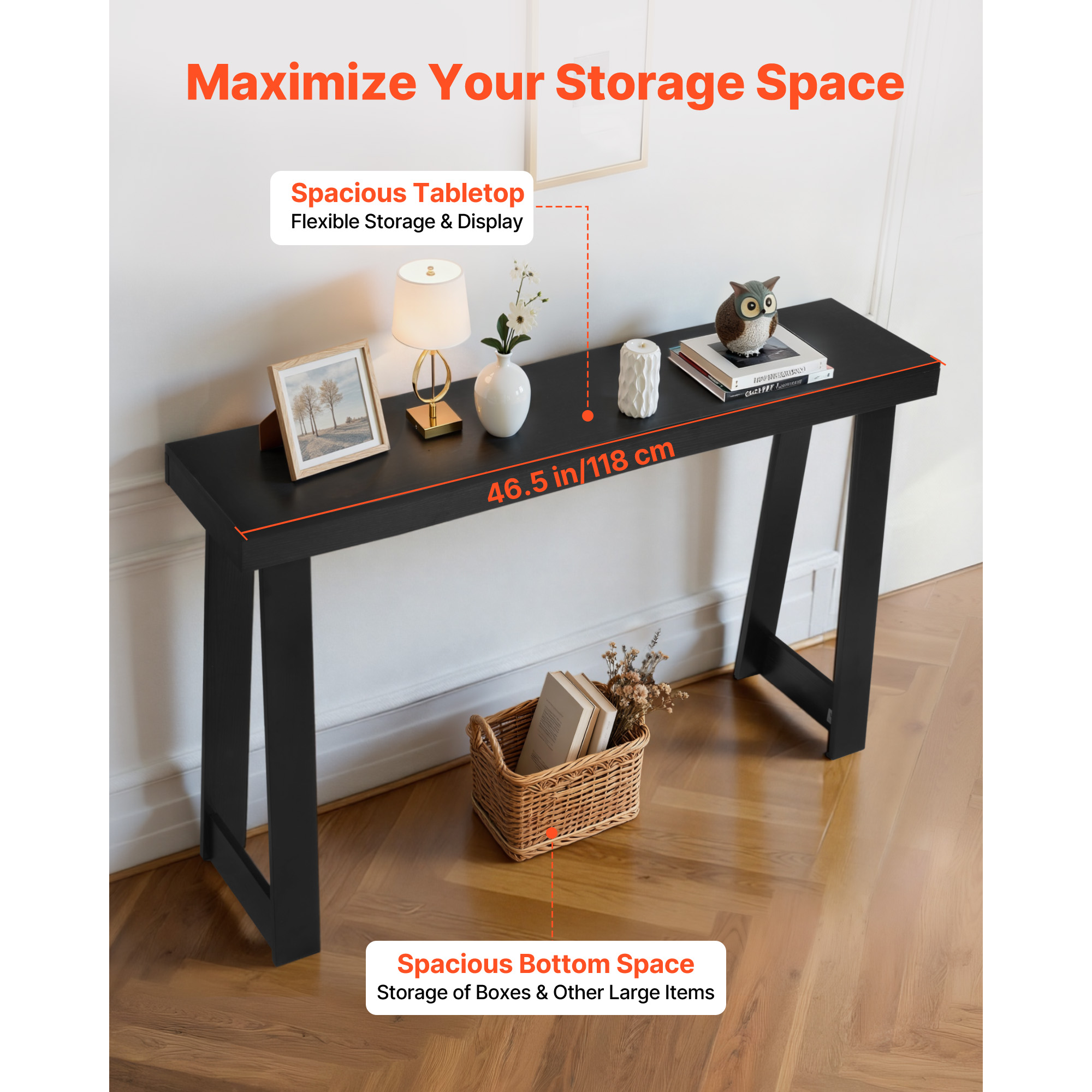 KFFKFF 46-inch Console Table, Modern Wooden Desk for Behind the Couch, Rectangular Entryway Table, Narrow Long Accent Stand for Hallway, Bedroom, Living Room, or Foyer, Simple Assembly, Black