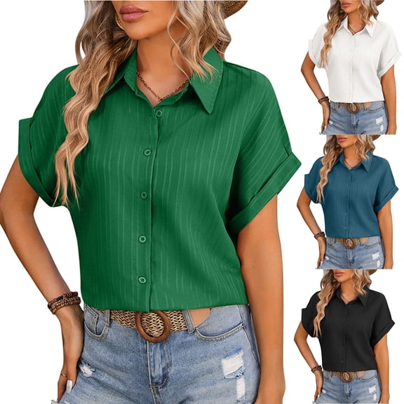 Bixock Summer Tops for Women Button Down Shirts Solid Color Lapel Collar Short Sleeve Loose Casual Vacation T-shirts