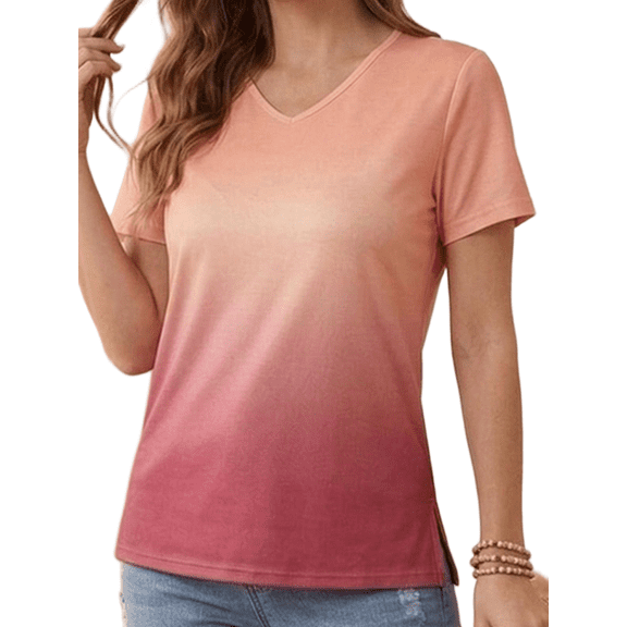 Cuteduck Women Tops Casual Short Sleeve V-Neck T-Shirt Summer Color Blending Loose Fit Comfort T-Shirt M-XL