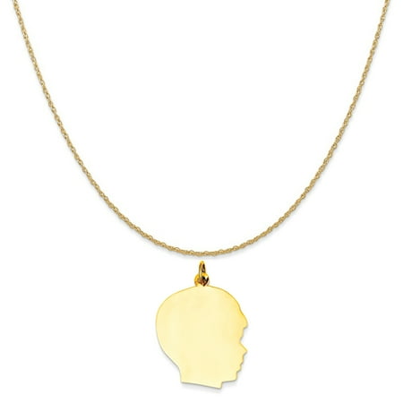 14k Yellow Gold Plain Large .011 Gauge Facing Right Engravable Boy Head Charm on Rope Necklace, 20