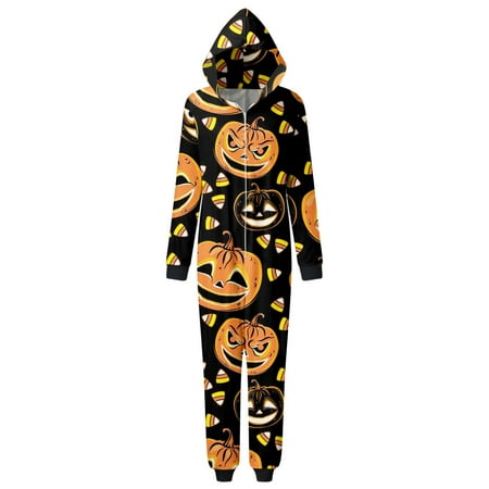 

Women Mom Happy Halloween Sets Printed Hooded Zipper Jumpsuit Family Outfit