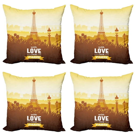 Ambesonne Paris Throw Pillow Cover 4 Pack, Tulips Romantic Scene, 20", Orange Yellow Brown