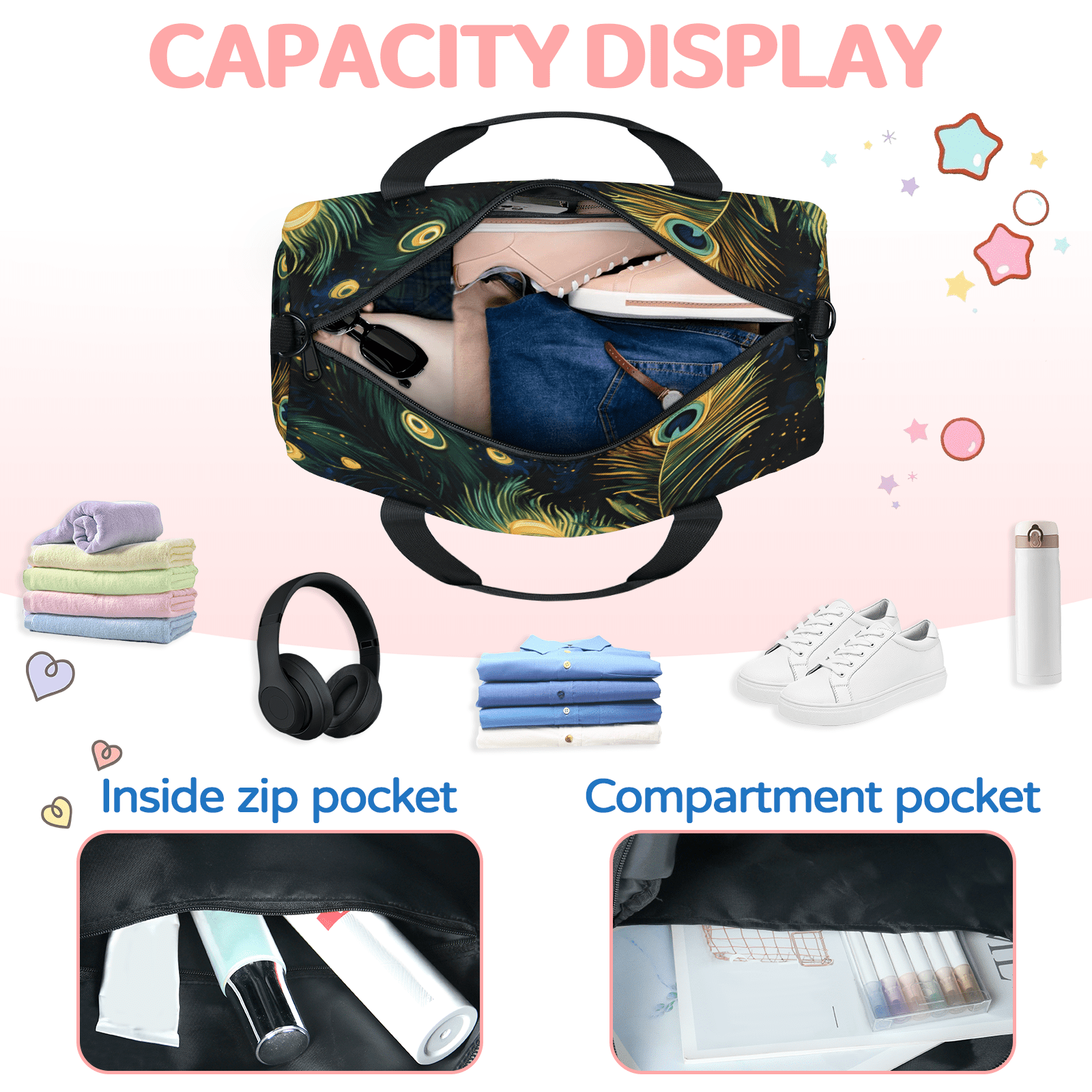 Herdesigns Vintage Peacock Feather Gym Bag for Women, Duffle Bag for Travel Sport, Lightweight Waterproof Carry on Weekender Dance Yoga Workout Bags