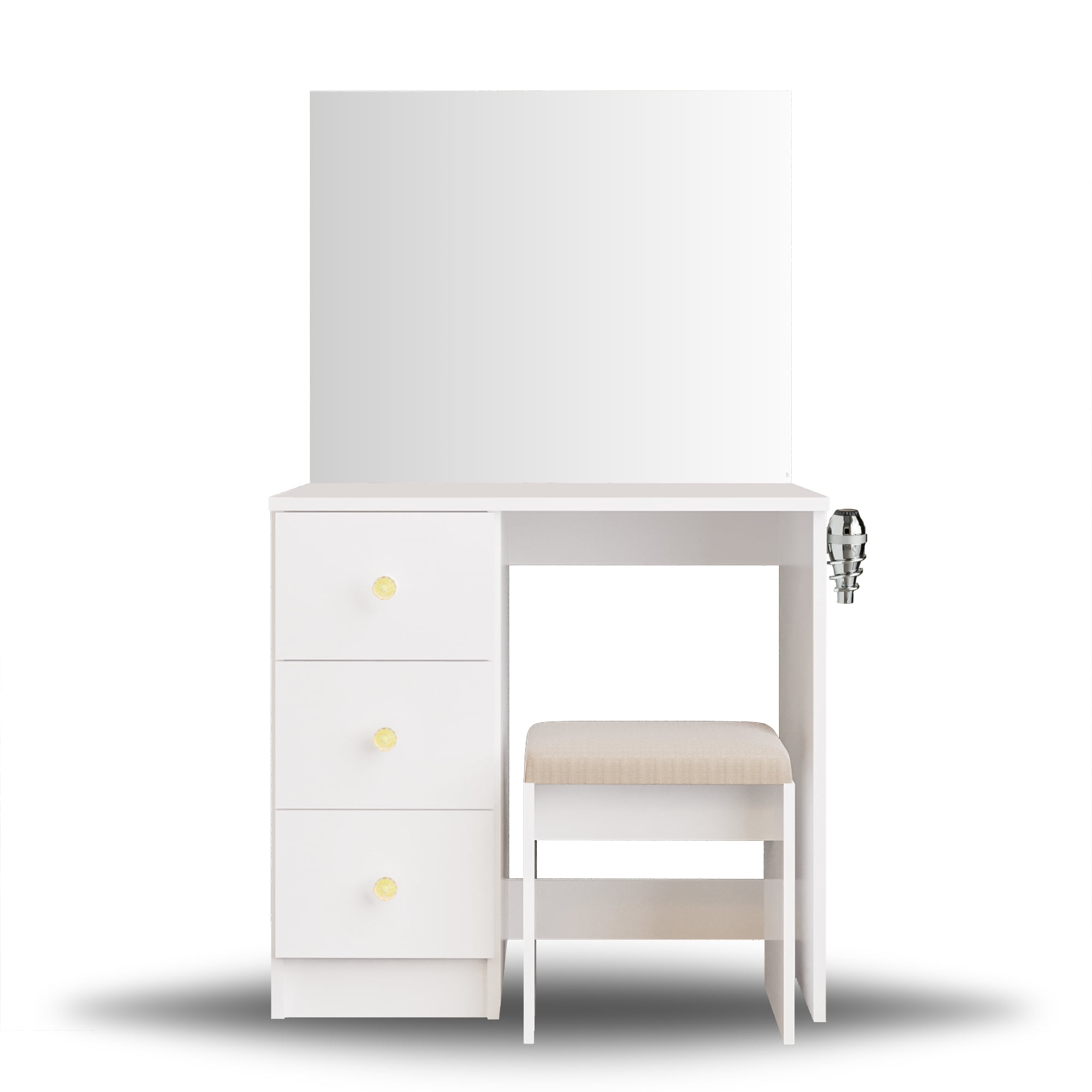 Ember Interiors Small Kids Vanity Makeup Desk Set with Chair, Drawers,Mirror,Gold Crystal Ball Knobs, White