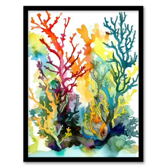 Seaweed and Corals Watercolour Artwork Vibrant Orange Red Blue Seascape of Aquatic Plants Art Print Framed Poster Wall Decor 12x16 inch