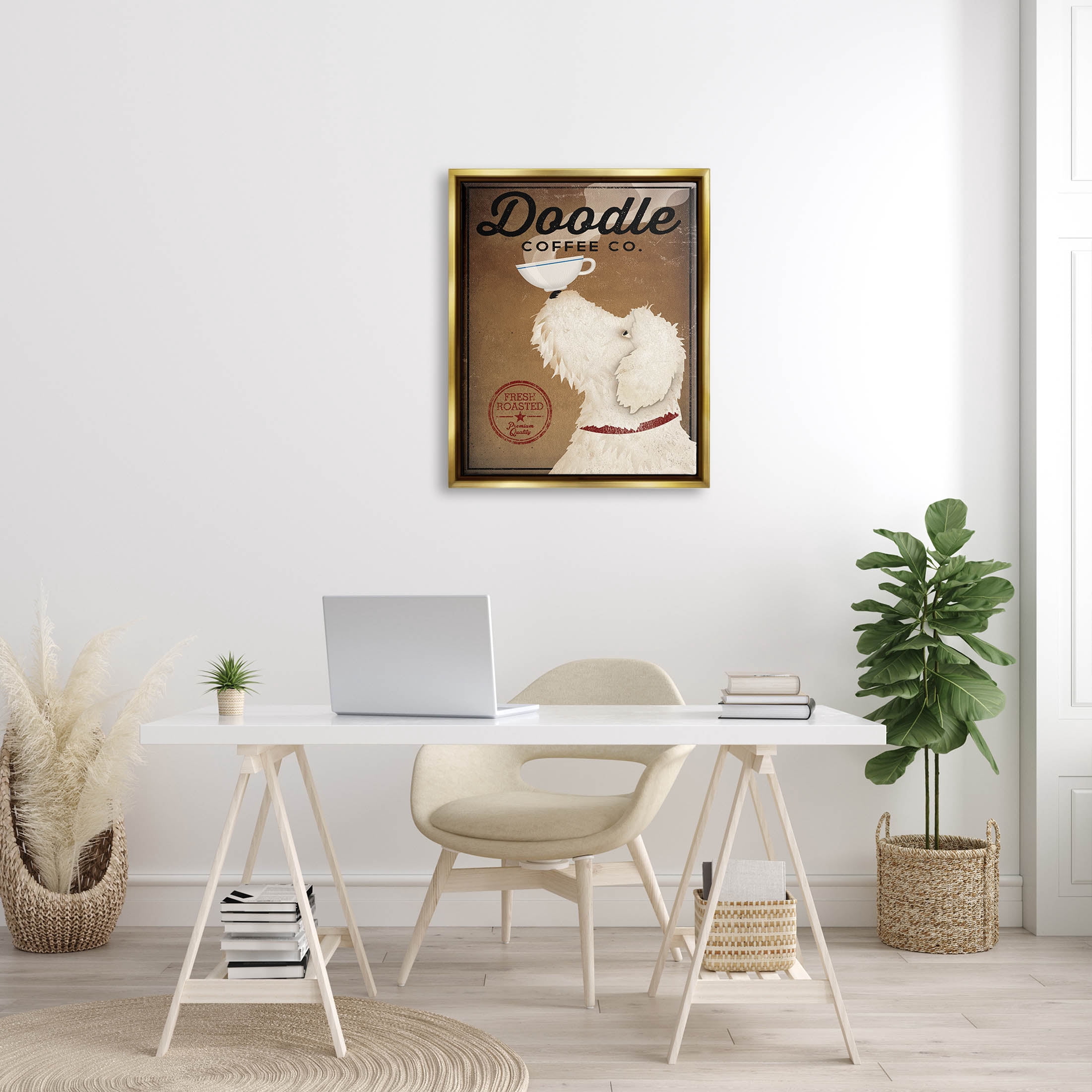 Stupell Industries Vintage Doodle Coffee Dog Sign Graphic Art Metallic Gold Floating Framed Canvas Print Wall Art, Design by Ryan Fowler