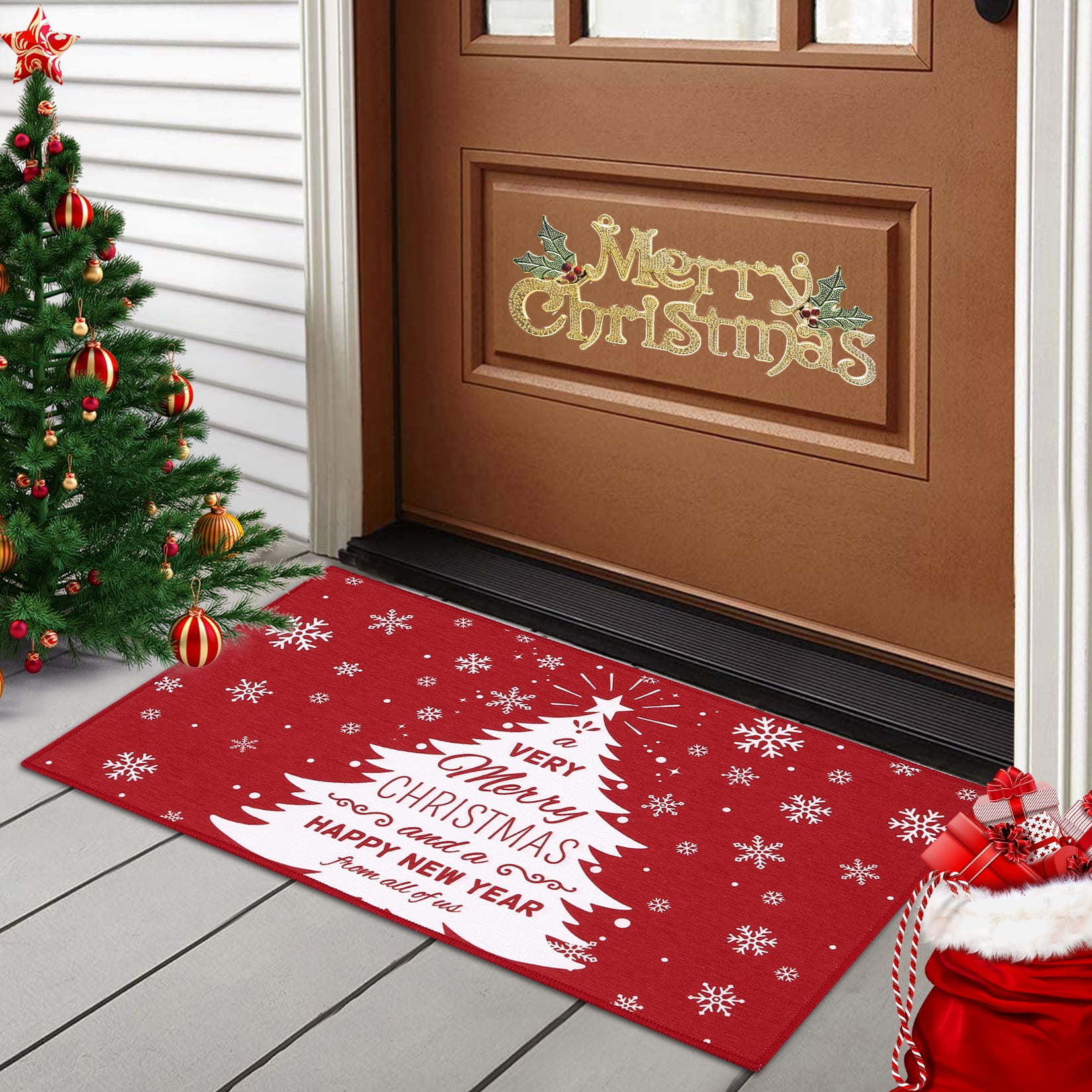 ANNAMALL Indoor Doormat, Christmas Trees Snow Winter Festival Red