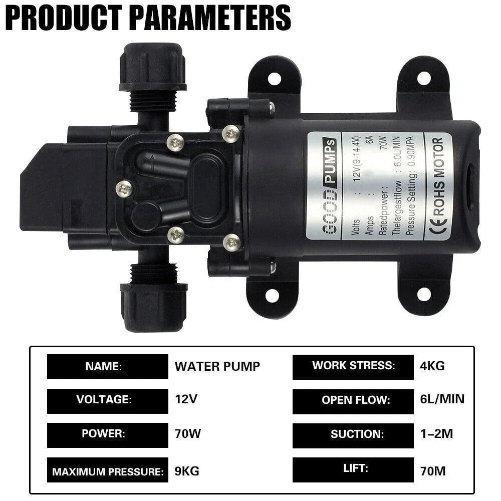 12V Water Pump 130PSI Self Priming High Pressure Diaphragm Pump with Auto Switch for RVs, Boats, and Outdoor Use