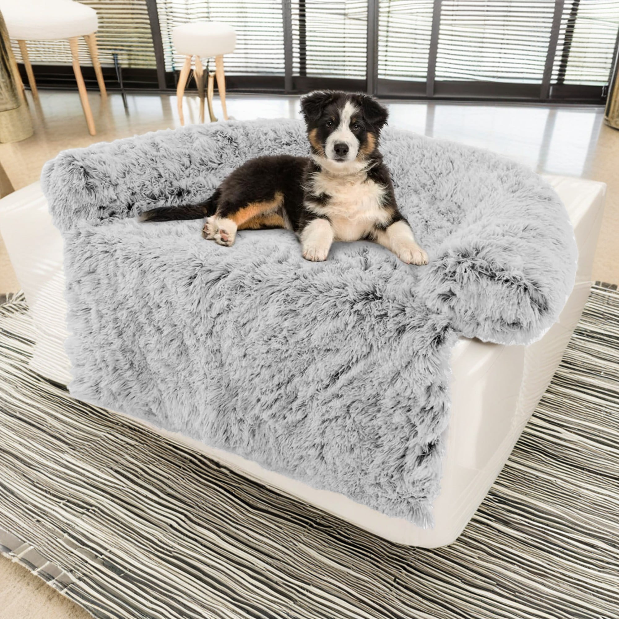 Kadyn 44" Plush Long Fur Dog Couch Bed, Dog Bed Mats with Anti-Slip Bottom, Washable Removable Couch Cover, Perfect for Small, Medium Dogs Cats, Gray-M