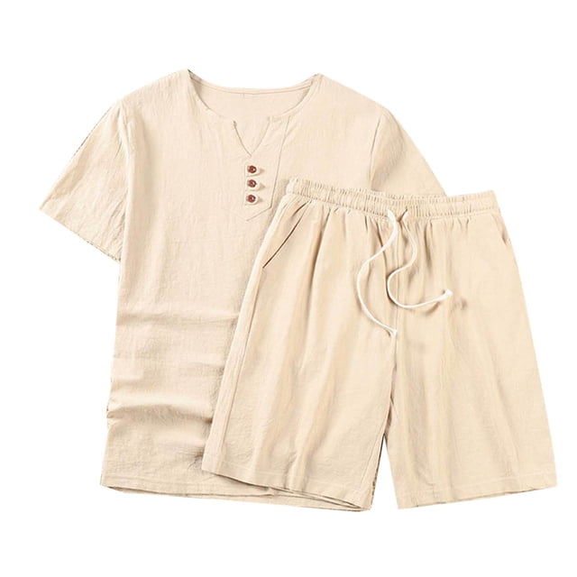 Mens Botón de la Camisa de Algodón-Lino de Color Sólido de Bolsillo con Cordón Pantalones Cortos Conjunto, Manga Corta V-Cuello Blusa para el Verano