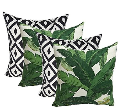 Set of 4 Decorative Rectangle Throw Pillows Green & White Tropical Palm Leaf 