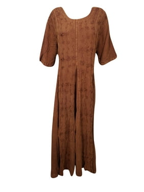 Mogul Women Maxi Dress Brown Hand Embroidered Enzyme Wash Loose Rayon Comfy Dresses