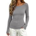 thumbnail image 2 of ZDNIXIAN Women Off Shoulder Long Sleeve Basic Tops Ribbed Knit Slim Fitted Blouse, Elegant Boat Neck Form Fitting Shirt, Stretchy Soft Casual Long Sleeve Tees, 2 of 6