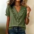 thumbnail image 2 of Babysbule Women's V-Neck Ruffle Collar Puff Short Sleeve Button Front Relaxed Fit Casual Blouse Everyday Top, 2 of 8