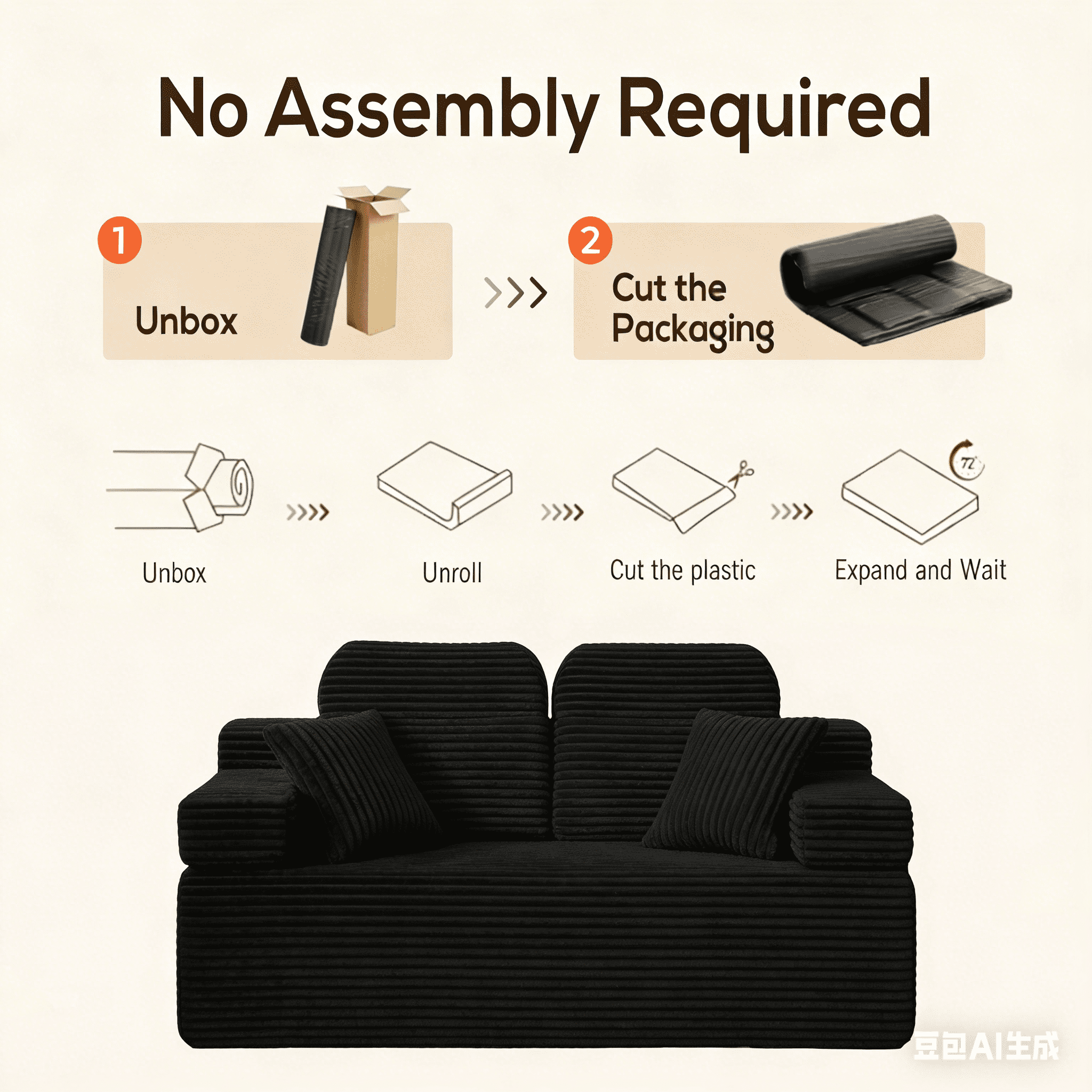 71" High Backrest Sofa for Small Spaces, Compressed Corduroy Couch with Deep Seating for Living Room, Bedroom, Black