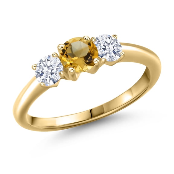 Gem Stone King 10K Yellow Gold Yellow Citrine and White Zirconia Engagement Ring for Women | 0.95 Cttw | Round 5MM | Gemstone November Birthstone | Size 9