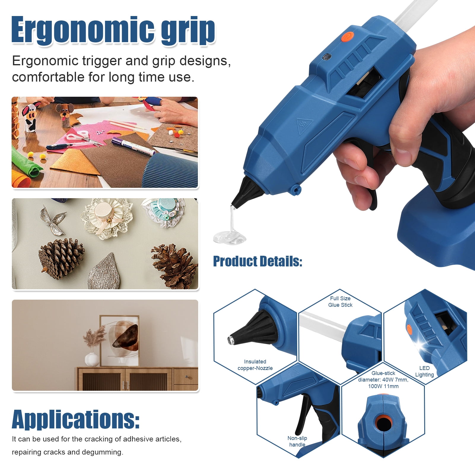 Riousery Portable Cordless Hot Melt Glue Machine 40W for DIY Arts Crafts (40W / 7mm) Home Repairing Tool Kit Blue