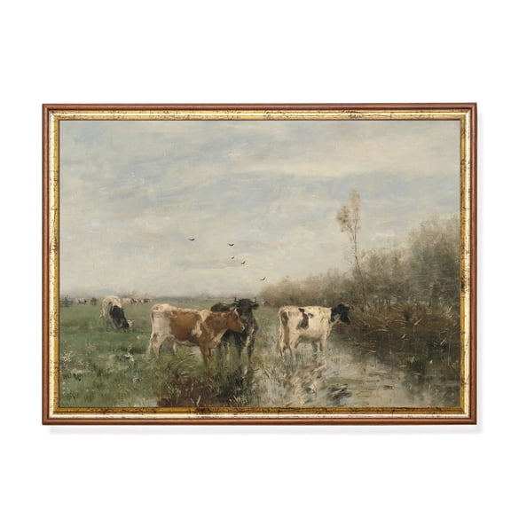 Vintage Cow Pastoral Poster Rustic Farmhouse Landscape Home Decor, 8x12 UNFRAMED